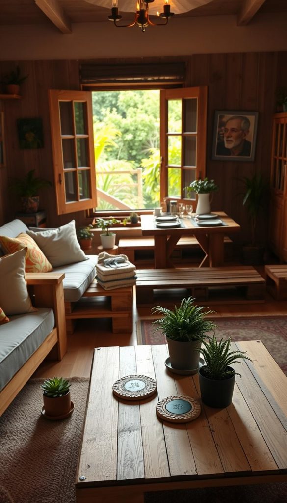 A cozy, inviting scene showcasing a beautifully designed DIY furniture setup using wooden pallets. In the foreground, a handcrafted pallet coffee table adorned with potted plants and artisanal coasters. To the left, a pallet sofa, covered in soft, colorful cushions, creating an inviting nook. The middle ground features a rustic dining area with a pallet bench and a table set for a casual gathering, illuminated by warm, golden lighting that enhances the natural wood tones. In the background, a scenic window reveals a lush garden, bringing in natural light. The atmosphere feels inspiring and authentic, with a Pinterest-worthy aesthetic. Include the brand name "KlickKiste" subtly in the décor elements to highlight the DIY spirit.