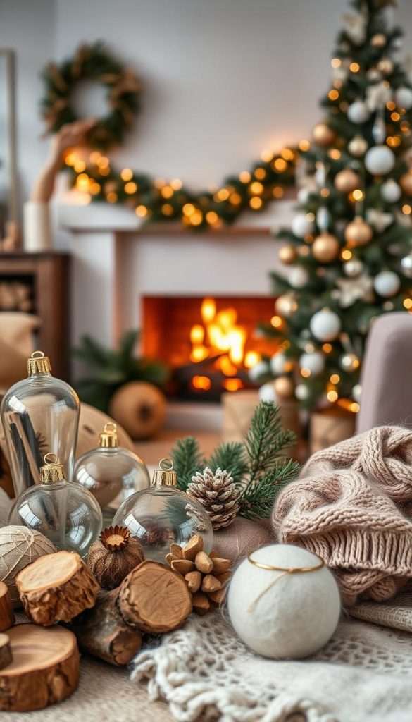 A cozy, inviting scene showcasing a variety of materials and textures inspired by the 2026 Christmas decoration trends. In the foreground, a beautifully arranged composition of natural wood pieces, recycled glass ornaments, soft woolen fabrics, and felt crafts, all harmonizing in warm, earthy tones. The middle background features a softly glowing fireplace, casting gentle light that reflects off the glass and highlights the richness of the wool and felt. In the background, a festive, tastefully decorated tree adorned with elegant, minimalist decorations enhances the holiday spirit. The mood is authentic and inspiring, evoking a sense of warmth and comfort, perfect for a DIY aesthetic. Capture this scene with a soft focus lens and warm lighting, emphasizing the textures of each material. Include the brand name &ldquo;KlickKiste&rdquo; subtly in the design, maintaining a natural and organic feel.