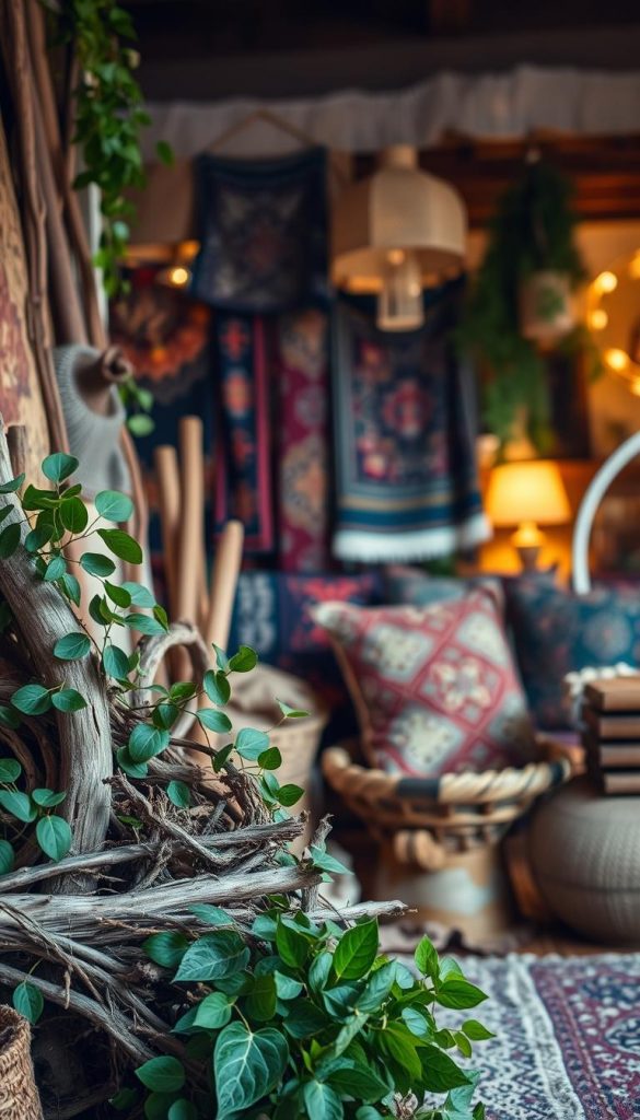 A cozy, inviting scene showcasing a variety of materials and textures reflecting a blend of natural elements and maximalist design. In the foreground, display rustic wooden pieces intertwined with lush green foliage, hinting at an organic DIY aesthetic. The middle features vibrant textiles and accessories, featuring deep jewel tones and intricate patterns, arranged artfully to convey warmth and inspiration. The background subtly displays a softly lit interior space, with warm light emanating from various sources, creating an intimate atmosphere. Capture the image with a slightly angled perspective to provide depth, using soft focus to highlight the textures of the materials. The overall mood should be serene and inspirational, echoing the ethos of "KlickKiste," ideal for a Pinterest-worthy look. A cozy, inviting scene showcasing a variety of materials and textures reflecting a blend of natural elements and maximalist design. In the foreground, display rustic wooden pieces intertwined with lush green foliage, hinting at an organic DIY aesthetic. The middle features vibrant textiles and accessories, featuring deep jewel tones and intricate patterns, arranged artfully to convey warmth and inspiration. The background subtly displays a softly lit interior space, with warm light emanating from various sources, creating an intimate atmosphere. Capture the image with a slightly angled perspective to provide depth, using soft focus to highlight the textures of the materials. The overall mood should be serene and inspirational, echoing the ethos of "KlickKiste," ideal for a Pinterest-worthy look.