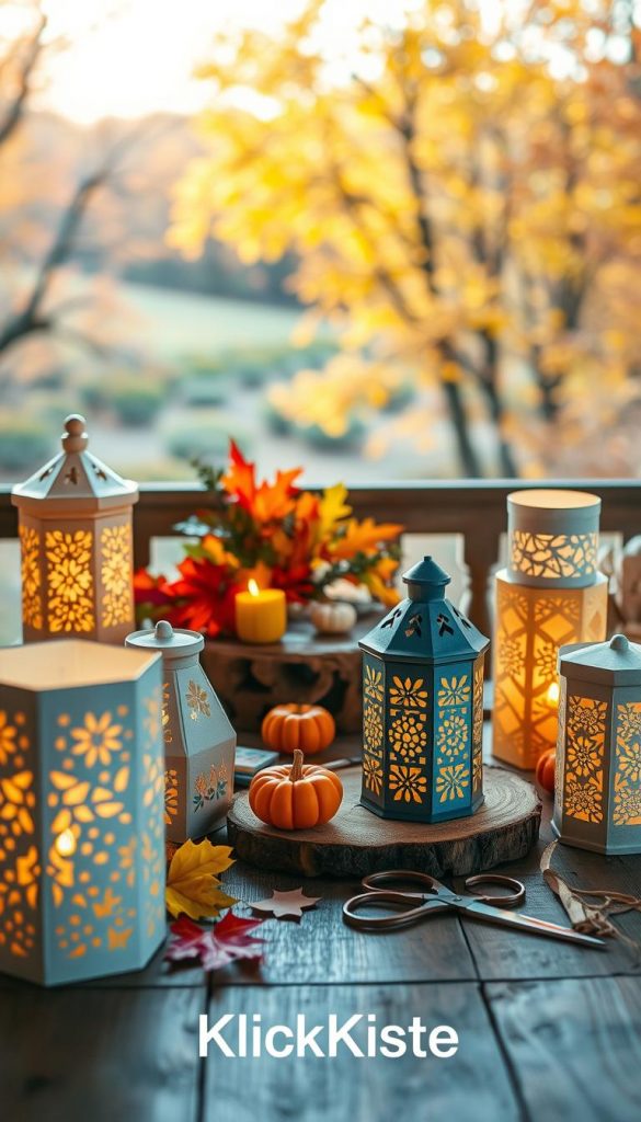 A cozy, inviting scene showcasing beautifully crafted upcycled lanterns made from paper and everyday materials. In the foreground, several lanterns in various shapes and sizes, adorned with intricate cut-out patterns, glow warmly with candlelight. The middle layer features a rustic wooden table topped with colorful autumn leaves, small decorative pumpkins, and tools for crafting, like scissors and ribbons. In the background, a softly blurred autumn landscape with trees shedding their leaves, bathed in golden sunlight, enhances the warm, inviting atmosphere. The overall mood reflects creativity and sustainability, perfect for inspiring DIY enthusiasts. Natural lighting highlights the textures and colors, emphasizing the charm of upcycling. The brand "KlickKiste" is subtly represented through artistic elements in the scene.