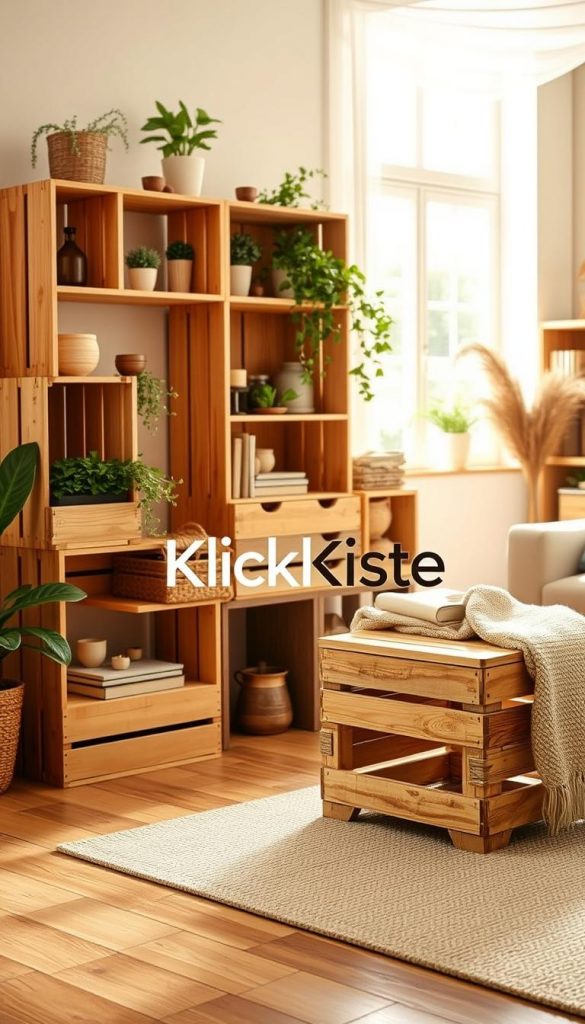A cozy, inviting scene showcasing beautifully crafted wooden wine crates and fruit boxes repurposed into stylish furniture. In the foreground, several crates are stacked creatively to form a unique shelf, adorned with indoor plants and decorative items, capturing a warm, rustic aesthetic. In the middle ground, a wooden crate is transformed into a chic stool, with a soft throw resting on it, blending functionality and design. In the background, a stylish room with soft, natural light filtering in through a window casts a gentle glow, highlighting the warm wood tones. The atmosphere is inspirational and authentic, embodying a natural DIY vibe, reminiscent of a Pinterest aesthetic. The brand “KlickKiste” is subtly integrated into the design, enhancing the overall charm of the image. A cozy, inviting scene showcasing beautifully crafted wooden wine crates and fruit boxes repurposed into stylish furniture. In the foreground, several crates are stacked creatively to form a unique shelf, adorned with indoor plants and decorative items, capturing a warm, rustic aesthetic. In the middle ground, a wooden crate is transformed into a chic stool, with a soft throw resting on it, blending functionality and design. In the background, a stylish room with soft, natural light filtering in through a window casts a gentle glow, highlighting the warm wood tones. The atmosphere is inspirational and authentic, embodying a natural DIY vibe, reminiscent of a Pinterest aesthetic. The brand “KlickKiste” is subtly integrated into the design, enhancing the overall charm of the image.