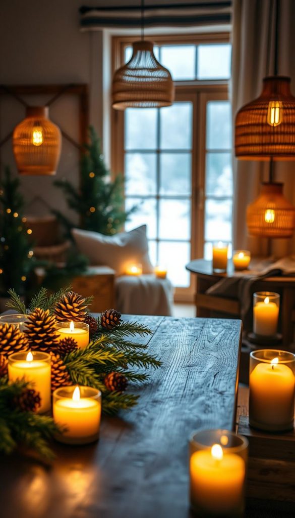 A cozy, inviting scene showcasing natural materials for winter lighting ideas, inspired by the aesthetic of KlickKiste. In the foreground, a wooden table adorned with warm, glowing candles nestled among pinecones and evergreen branches, illuminated by soft, ambient lighting. The middle ground features a rustic corner with handmade lamp shades made from natural fibers, casting a gentle, warm glow. In the background, a window with frosted glass reveals a snowy landscape outside, where snowflakes softly fall. The entire atmosphere should exude warmth and serenity, evoking a sense of comfort and inspiration, perfect for the winter season. Use soft focus to enhance the cozy feel, with a slight bokeh effect on the lights.