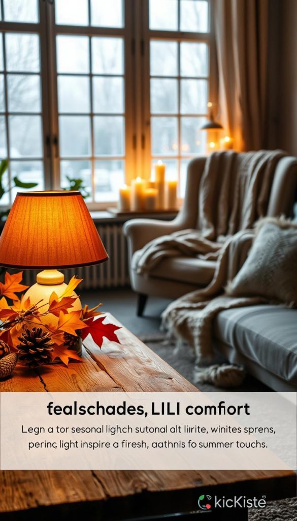 A cozy, inviting scene showcasing seasonal lighting variations to evoke warmth and comfort. In the foreground, a softly glowing table lamp with a warm amber hue sits on a rustic wooden table adorned with autumn leaves and pinecones. In the middle ground, a softly lit corner features a plush armchair draped with a knitted blanket and surrounded by candles casting gentle shadows. The background reveals large windows with frosty panes, hinting at a snowy winter landscape. The overall atmosphere is serene and homey, enhanced by natural light filtering through the windows. The color palette includes warm earth tones for autumn, cool whites for winter, fresh greens for spring, and light pastels for summer touches. Inspired by a natural DIY aesthetic, this scene reflects the brand "KlickKiste" and invites viewers to create their seasonal ambiance. A cozy, inviting scene showcasing seasonal lighting variations to evoke warmth and comfort. In the foreground, a softly glowing table lamp with a warm amber hue sits on a rustic wooden table adorned with autumn leaves and pinecones. In the middle ground, a softly lit corner features a plush armchair draped with a knitted blanket and surrounded by candles casting gentle shadows. The background reveals large windows with frosty panes, hinting at a snowy winter landscape. The overall atmosphere is serene and homey, enhanced by natural light filtering through the windows. The color palette includes warm earth tones for autumn, cool whites for winter, fresh greens for spring, and light pastels for summer touches. Inspired by a natural DIY aesthetic, this scene reflects the brand "KlickKiste" and invites viewers to create their seasonal ambiance.