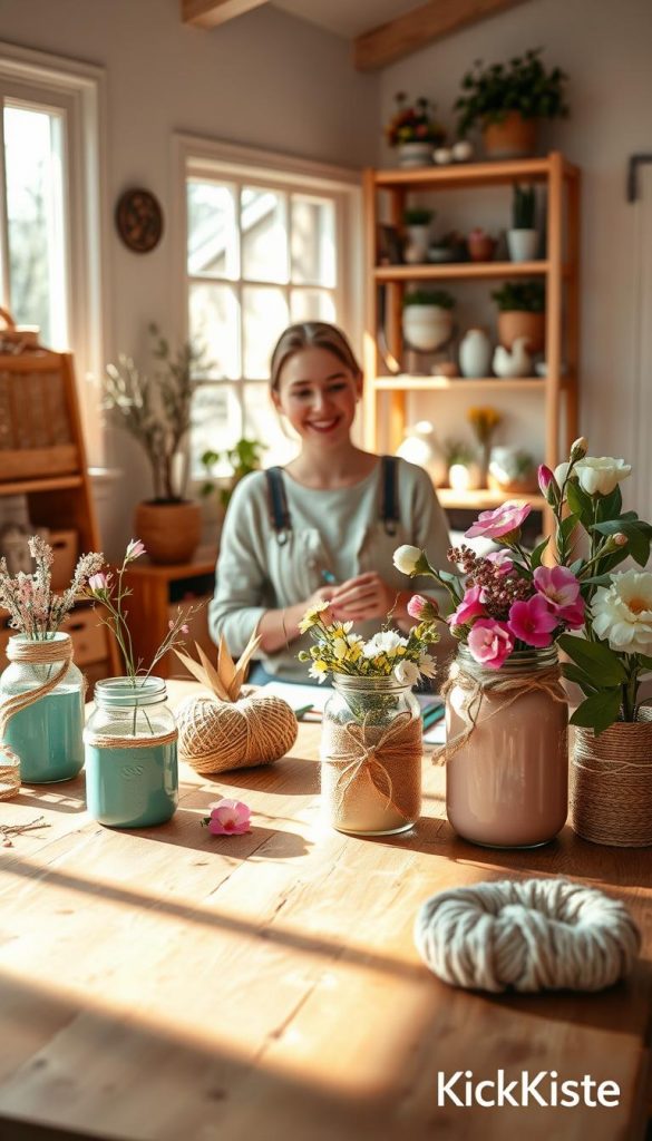 A cozy, inviting scene showcasing vibrant DIY spring decorations, set in a sunlit room with warm, natural lighting. In the foreground, a wooden table is adorned with upcycled materials, such as painted jars, twine, and floral arrangements, emphasizing budget-friendly crafting. The middle ground features a smiling person dressed in modest casual clothing, engaged in creating spring decor, expressing joy and creativity. In the background, shelves display completed crafts, highlighted by soft, diffused light, evoking an inspiring Pinterest aesthetic. The color palette is soft pastels, reflecting the freshness of spring. Add subtle touches of greenery and natural elements, channeling a sustainable, authentic atmosphere. The brand presence of "KlickKiste" is subtly integrated into the setting, enhancing the inspirational vibe without overshadowing the DIY focus. A cozy, inviting scene showcasing vibrant DIY spring decorations, set in a sunlit room with warm, natural lighting. In the foreground, a wooden table is adorned with upcycled materials, such as painted jars, twine, and floral arrangements, emphasizing budget-friendly crafting. The middle ground features a smiling person dressed in modest casual clothing, engaged in creating spring decor, expressing joy and creativity. In the background, shelves display completed crafts, highlighted by soft, diffused light, evoking an inspiring Pinterest aesthetic. The color palette is soft pastels, reflecting the freshness of spring. Add subtle touches of greenery and natural elements, channeling a sustainable, authentic atmosphere. The brand presence of "KlickKiste" is subtly integrated into the setting, enhancing the inspirational vibe without overshadowing the DIY focus.