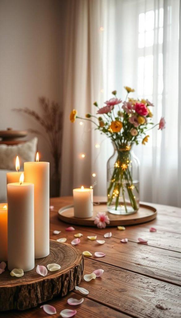 A cozy, inviting scene that embodies the essence of "Licht" for a spring-themed decor article. In the foreground, a rustic wooden table adorned with an arrangement of elegant candles, flickering softly, casting a warm glow. Scattered flower petals in pastel tones complement the candles, enhancing the inviting atmosphere. In the middle ground, a delicate glass vase filled with fresh spring flowers adds freshness and color, surrounded by softly glowing fairy lights that entwine around the vase. The background features a softly lit room with sheer curtains gently billowing, allowing natural light to filter through. The ambiance should evoke a sense of warmth, tranquility, and inspiration, perfectly embodying the DIY aesthetic of KlickKiste. Emphasize warm tones and a soft focus to create an enchanting springtime mood. A cozy, inviting scene that embodies the essence of "Licht" for a spring-themed decor article. In the foreground, a rustic wooden table adorned with an arrangement of elegant candles, flickering softly, casting a warm glow. Scattered flower petals in pastel tones complement the candles, enhancing the inviting atmosphere. In the middle ground, a delicate glass vase filled with fresh spring flowers adds freshness and color, surrounded by softly glowing fairy lights that entwine around the vase. The background features a softly lit room with sheer curtains gently billowing, allowing natural light to filter through. The ambiance should evoke a sense of warmth, tranquility, and inspiration, perfectly embodying the DIY aesthetic of KlickKiste. Emphasize warm tones and a soft focus to create an enchanting springtime mood.