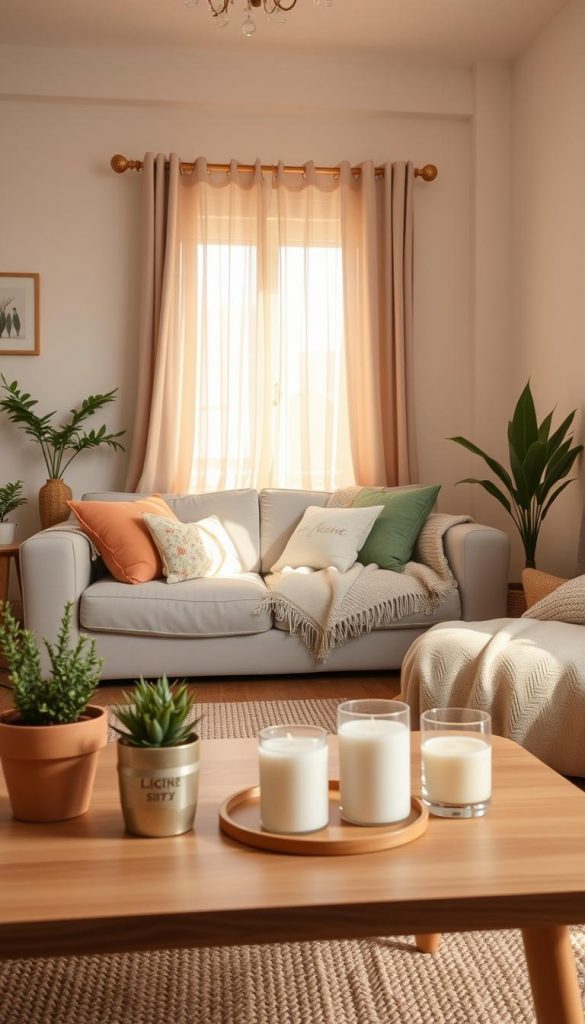 A cozy, inviting small living room in a rented apartment, featuring smart and easily adaptable summer decor ideas. In the foreground, a stylish coffee table adorned with natural DIY decorations like potted plants and handmade candles. The middle ground shows a comfortable couch with colorful, light fabric cushions and a soft throw blanket, creating a warm and welcoming atmosphere. In the background, a sunlit window draped with sheer curtains allows soft, golden sunlight to filter in, enhancing the room's warmth. The overall mood is cheerful and inspiring, reflecting a Pinterest-worthy aesthetic. Utilize warm colors and textures to highlight the space, ensuring a natural, authentic feel. Include stylish elements from the brand "KlickKiste" to emphasize creativity and functionality. A cozy, inviting small living room in a rented apartment, featuring smart and easily adaptable summer decor ideas. In the foreground, a stylish coffee table adorned with natural DIY decorations like potted plants and handmade candles. The middle ground shows a comfortable couch with colorful, light fabric cushions and a soft throw blanket, creating a warm and welcoming atmosphere. In the background, a sunlit window draped with sheer curtains allows soft, golden sunlight to filter in, enhancing the room's warmth. The overall mood is cheerful and inspiring, reflecting a Pinterest-worthy aesthetic. Utilize warm colors and textures to highlight the space, ensuring a natural, authentic feel. Include stylish elements from the brand "KlickKiste" to emphasize creativity and functionality.