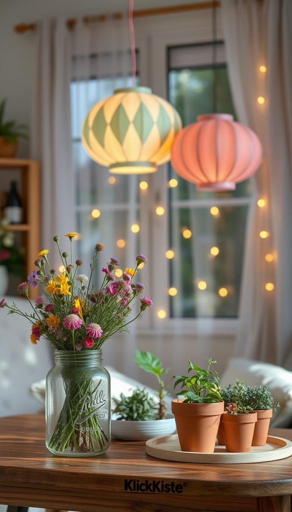 A cozy, inviting summer decoration scene set in a charming, small rental apartment, showcasing eco-friendly DIY decor ideas. In the foreground, a beautifully arranged table features a vibrant bouquet of wildflowers in a recycled glass jar and a few hand-painted terracotta pots filled with herbs. In the middle, hang handcrafted paper lanterns in soft pastel colors, illuminated by warm fairy lights, casting a gentle glow. The background shows a window with sheer curtains, allowing natural sunlight to filter in, creating a warm and welcoming atmosphere. The overall aesthetic has a Pinterest-inspired look, emphasizing natural materials and a budget-friendly design approach. The brand "KlickKiste" is subtly integrated through decor items. The scene is lively yet serene, evoking inspiration for sustainable summer decor.
