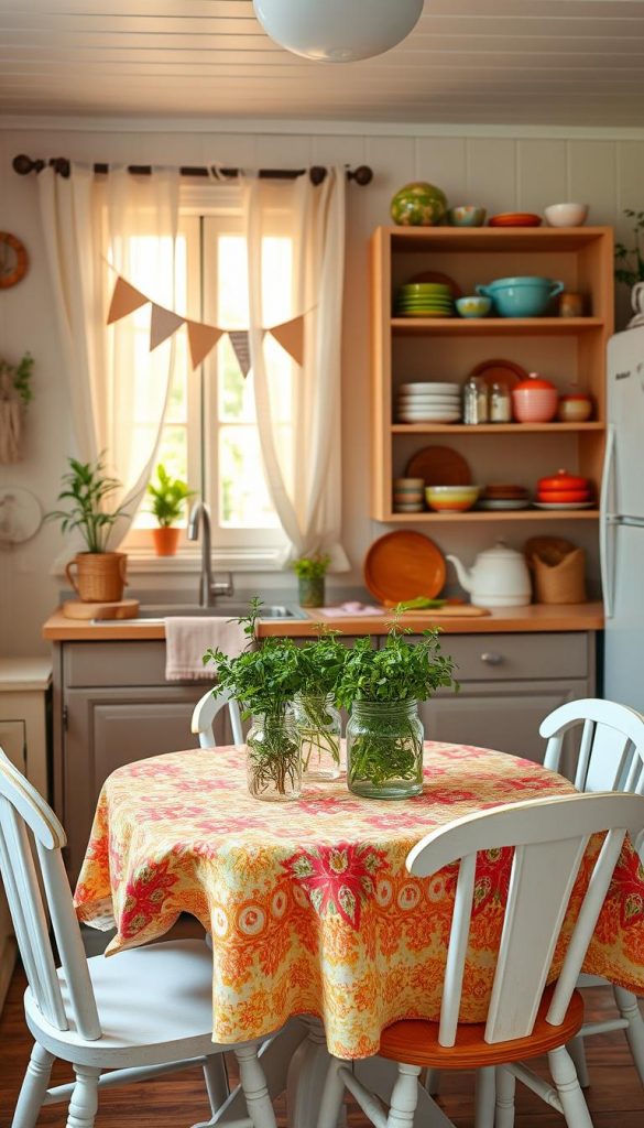 A cozy, inviting summer kitchen with a focus on rental-friendly decor, showcasing clever upcycling ideas. In the foreground, a small dining table adorned with a vibrant tablecloth made from recycled fabric, surrounded by mismatched yet stylish chairs. On the table, a centerpiece of fresh herbs in upcycled glass jars adds a touch of greenery. The middle ground features open shelving filled with colorful dishware and handmade decorations, including bunting made from sustainable materials. In the background, a warm, sunlit window with sheer curtains lets in natural light, enhancing the atmosphere. The overall color palette consists of warm, earthy tones and pastel accents, creating an authentic, Pinterest-inspired vibe. The scene embodies a practical yet aesthetically pleasing approach to decorating small spaces on a budget. Brand name: KlickKiste.