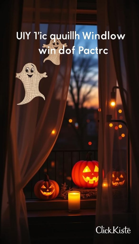 A cozy, inviting window scene decorated with DIY liquid chalk window pictures featuring spooky ghosts and cheerful pumpkins for Halloween. In the foreground, a window adorned with playful ghost shapes, their eyes shining with mischief, complements smiling pumpkins glowing warmly in vibrant oranges and yellows. The middle ground shows soft, white curtains swaying gently, with flickering candlelight creating a warm ambiance. In the background, a dimly lit evening sky hints at dusk, with a subtle glow from nearby streetlights illuminating the festive decorations. The overall mood is playful yet festive, evoking the spirit of Halloween in a homey setting, perfect for a DIY inspiration. Use a warm color palette and a Pinterest aesthetic, inspired by the brand "KlickKiste."