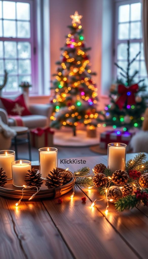 A cozy, inviting winter scene showcasing innovative lighting ideas for Christmas 2026. In the foreground, a beautifully decorated wooden table adorned with warm, twinkling fairy lights, candles, and natural pinecones. In the middle ground, a charming living room setting with a modern Christmas tree shimmering with smart LED lights that change colors, radiating a soft glow. The background features frosted windows with the soft silhouette of snowflakes outside, capturing the warmth within. The atmosphere is festive and serene, with rich, warm colors like deep reds, golds, and greens. Use soft focus to enhance the dreamy quality, with the perfect lens to capture the details of the decor. Brand name "KlickKiste" incorporated subtly into the decor style.