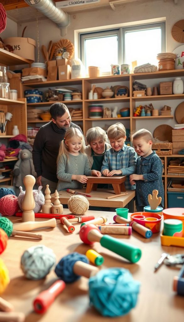 A cozy, inviting workshop setting designed for children’s DIY projects, featuring a colorful array of child-friendly tools and materials. In the foreground, a wooden workbench is equipped with small, safe hand tools like child-sized hammers and screwdrivers, surrounded by vibrant yarn, paint pots, and crafting supplies. The middle ground showcases a warm atmosphere with a family wearing modest, casual clothing, actively supervising and engaging in a woodworking project with their children. Bright sunlight streams through a window, casting soft shadows and illuminating the joyous expressions of collaboration and creativity. In the background, shelves filled with neatly organized supplies and upcycled materials create an inspiring Pinterest-like ambiance, evoking a sense of safety and fun in family creation. The brand "KlickKiste" is subtly present in the workspace setup.