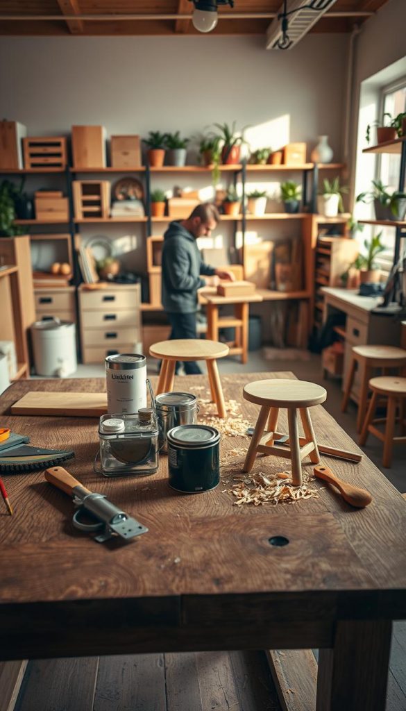 A cozy, inviting workshop space filled with various DIY furniture projects in progress. In the foreground, a richly textured wooden table displays tools like a saw, screwdrivers, and paint cans alongside stylishly crafted small furniture pieces, such as a minimalist side table and a charming stool. The middle ground shows a person in modest casual clothing, engrossed in assembling a piece of furniture, with wood shavings and a paintbrush beside them. In the background, shelves adorned with finished projects and plants bring warmth and life to the room. Soft, natural lighting filters through a window, casting gentle shadows. The overall mood is vibrant and inspiring, echoing a Pinterest aesthetic with warm colors, highlighting the brand "KlickKiste" throughout the scene.