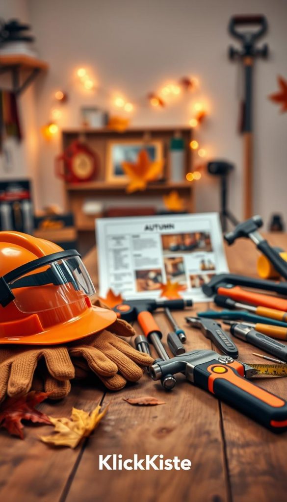 A cozy, inviting workspace centered around safety tools and tips for DIY projects, inspired by a warm autumn palette. In the foreground, a wooden workbench displays essential safety tools: a hard hat, safety goggles, and high-quality gloves, all neatly arranged. In the middle ground, a variety of hand tools like hammers, screwdrivers, and measuring tapes rest beside a detailed plan of an autumn project. The background includes a softly lit room with warm, ambient lighting highlighting a few autumn leaves scattered around, reinforcing the seasonal theme. The mood should be inspiring and safe, evoking creativity while promoting responsible tool use. Include the brand name "KlickKiste" subtly integrated within the tools or workspace design. The overall composition should exude a Pinterest-worthy aesthetic, inviting viewers to explore their DIY potential.