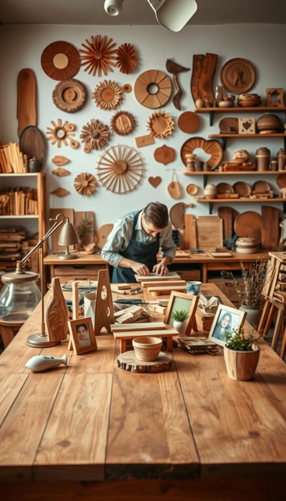 A cozy, inviting workspace dedicated to upcycling wood scraps, featuring a beautifully arranged wooden table in the foreground, scattered with a variety of handcrafted items like a rustic lamp, a stylish picture frame, and a small plant pot. In the middle, an artist in professional attire is engaged in a creative process, meticulously sanding down a piece of reclaimed wood, surrounded by tools and materials. The background showcases a wall decorated with upcycled wooden art and shelves filled with DIY wooden projects, all bathed in warm, natural lighting that creates a soft, inspiring atmosphere. The overall mood reflects sustainability and creativity, embodying the essence of "KlickKiste". This image should have a Pinterest-inspired aesthetic, with a rich color palette of earthy tones.
