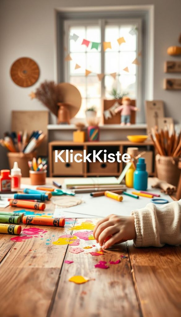 A cozy, inviting workspace designed for children, featuring a wooden table cluttered with safe, colorful craft materials like non-toxic paints, large scissors with rounded tips, and soft, textured papers. In the foreground, a child’s small hands are carefully picking up a bright, oversized crayon, with colorful splashes of paint on the table. The middle ground showcases an organized set of child-friendly tools, such as large paintbrushes, glue sticks, and playful stencils, all arranged neatly. In the background, soft natural light floods in through a window adorned with simple, cheerful decorations. The scene emits a warm, inspiring atmosphere, ideal for creative autumn crafting sessions. The brand name "KlickKiste" is subtly integrated into a charming workspace element, enhancing the DIY feel, with a Pinterest-worthy aesthetic in warm color tones.