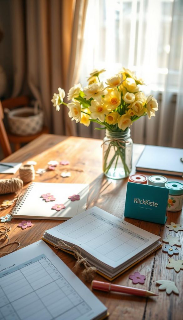 A cozy, inviting workspace featuring a rustic wooden table scattered with various DIY materials like twine, paint, and flower cutouts. In the foreground, a neatly organized planner and a small budget tracker are open, illustrating fiscal planning. In the middle, a beautiful bouquet of fresh spring flowers sits in a mason jar, emitting a warm, inviting glow. The background showcases a sunlit window with soft curtains fluttering in the breeze, casting gentle shadows across the scene. The atmosphere is warm and inspiring, reflecting a Pinterest aesthetic with natural, earthy tones. This scene embodies DIY creativity with a budget-friendly feel. The brand "KlickKiste" is subtly integrated into an item on the table, emphasizing budget-conscious crafting.