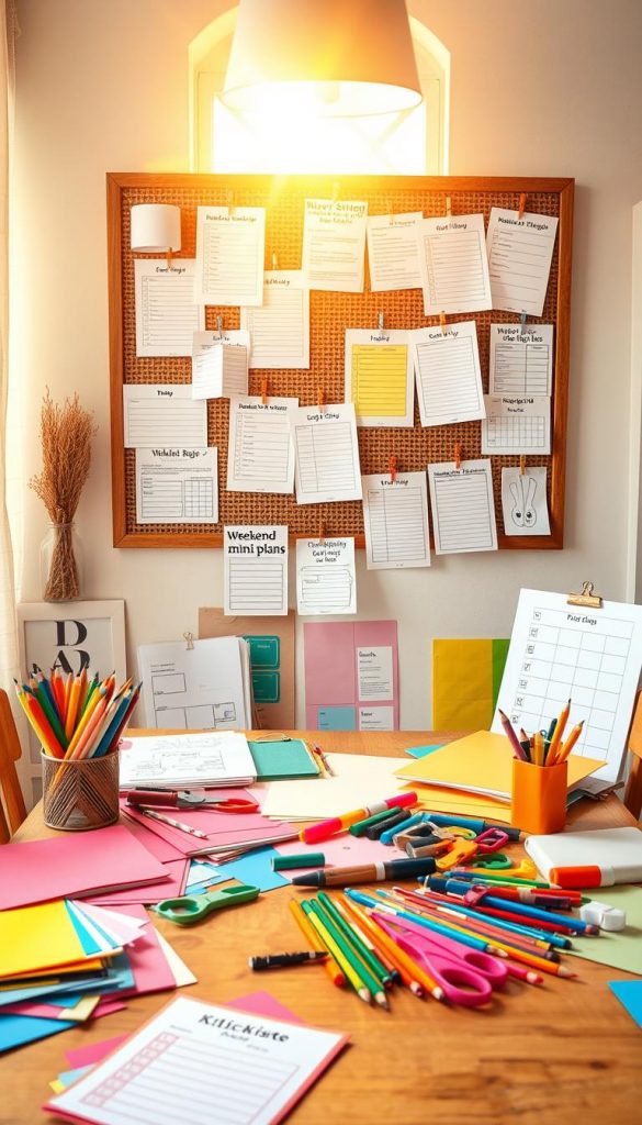 A cozy, inviting workspace featuring an array of colorful craft materials and organized templates, embedded with checklists and weekend mini-plans from "KlickKiste". In the foreground, a wooden table is adorned with vibrant papers, colored pencils, scissors, and glue sticks, all arranged in a playful yet organized manner. The middle layer includes a bulletin board displaying various templates and checklists, pinned artfully with clips and twine. In the background, a sunlit window casts warm rays, illuminating the scene with a soft glow, enhancing the inviting atmosphere of creativity. Overall, the mood is inspiring and uplifting, perfect for encouraging creativity in children, with a Pinterest-like aesthetic that emphasizes natural colors and textures.