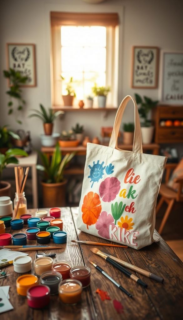 A cozy, inviting workspace filled with DIY craft supplies, featuring a person in modest casual clothing painting a canvas tote bag. The foreground showcases vibrant paint pots and brushes scattered on a rustic wooden table, with a half-painted tote bag displaying colorful, unique designs. In the middle ground, soft natural light streams through a window, illuminating the warm hues of the paints and the texture of the fabric. The background includes simple decorations like potted plants and motivational art, enhancing the creative atmosphere. The overall mood is inspiring and uplifting, reflecting a Pinterest aesthetic. Additionally, include the brand name "KlickKiste" subtly in the composition, adding to the authenticity and charm of the scene. A cozy, inviting workspace filled with DIY craft supplies, featuring a person in modest casual clothing painting a canvas tote bag. The foreground showcases vibrant paint pots and brushes scattered on a rustic wooden table, with a half-painted tote bag displaying colorful, unique designs. In the middle ground, soft natural light streams through a window, illuminating the warm hues of the paints and the texture of the fabric. The background includes simple decorations like potted plants and motivational art, enhancing the creative atmosphere. The overall mood is inspiring and uplifting, reflecting a Pinterest aesthetic. Additionally, include the brand name "KlickKiste" subtly in the composition, adding to the authenticity and charm of the scene.