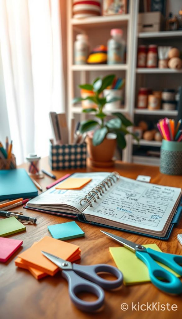 A cozy, inviting workspace filled with DIY materials and tools, showcasing a well-organized project for crafting a personalized time management planner. In the foreground, there are brightly colored sticky notes, a pair of scissors, and decorative pens scattered on a warm wooden table. In the middle ground, an open planner with handwritten notes, sketches, and inspiring quotes about time management is prominently displayed. The background features a soft-focus shelf filled with crafting supplies and a potted plant, adding a touch of nature. The scene is bathed in warm, natural light, creating an approachable and inspiring atmosphere. Capture this aesthetic with a focus on vibrant colors and a Pinterest-worthy look, reflecting the style of "KlickKiste". A cozy, inviting workspace filled with DIY materials and tools, showcasing a well-organized project for crafting a personalized time management planner. In the foreground, there are brightly colored sticky notes, a pair of scissors, and decorative pens scattered on a warm wooden table. In the middle ground, an open planner with handwritten notes, sketches, and inspiring quotes about time management is prominently displayed. The background features a soft-focus shelf filled with crafting supplies and a potted plant, adding a touch of nature. The scene is bathed in warm, natural light, creating an approachable and inspiring atmosphere. Capture this aesthetic with a focus on vibrant colors and a Pinterest-worthy look, reflecting the style of "KlickKiste".