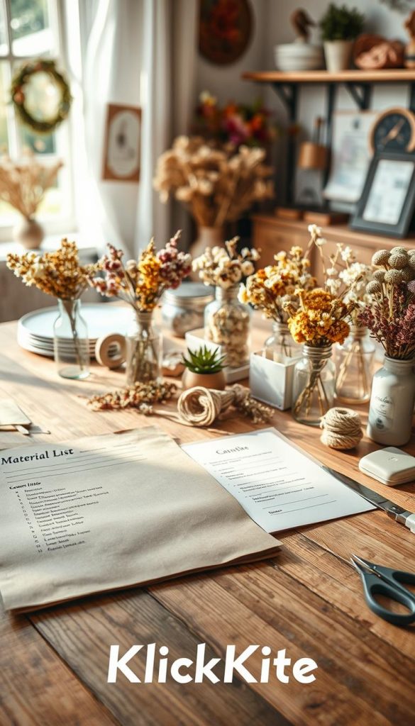 A cozy, inviting workspace filled with various materials for DIY projects featuring dried flowers. In the foreground, a rustic wooden table displays an organized material list, written on brown craft paper, along with tools like scissors, twine, and glue. In the middle, soft natural light illuminates a selection of dried flowers in muted, warm colors, elegantly arranged in vintage glass jars. A small, potted plant and a few DIY samples are also visible. The background boasts a softly blurred scene of a well-decorated room, embracing a Pinterest-inspired aesthetic, with warm tones and natural textures, creating an authentic and inspiring atmosphere. The brand "KlickKiste" subtly integrated into the design, enhancing the DIY theme without being overpowering.