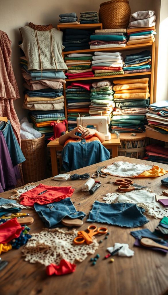 A cozy, inviting workspace filled with various upcycled textiles showcasing the creativity of "KlickKiste." In the foreground, there’s a rustic wooden table adorned with vibrant pieces of fabric—scraps of old clothing, lace, and denim—arranged artistically. The middle layer features a pair of hands meticulously sewing a new creation, surrounded by sewing tools like scissors, threads, and pins, emanating a sense of craftsmanship. In the background, softly lit shelves hold stacks of folded fabrics and completed DIY projects, radiating a warm, natural ambiance. The lighting is soft and inviting, simulating a late afternoon sun filtering through a window. The atmosphere feels inspirational, aligning with the values of slow fashion and sustainability, capturing the essence of turning old into new with love and creativity.