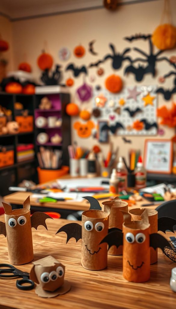 A cozy, inviting workspace filled with warm colors, showcasing creative DIY Halloween decorations. In the foreground, an assortment of cute bat crafts made from cardboard tubes, with googly eyes and whimsical wings. The middle layer features a well-organized craft table cluttered with craft supplies like scissors, glue, and colorful craft paper. In the background, soft ambient lighting casts a gentle glow, illuminating a wall adorned with more DIY Halloween decorations. The overall atmosphere is warm and inviting, reminiscent of a Pinterest-inspired aesthetic. This scene embodies an authentic and inspiring DIY spirit, branded "KlickKiste." Capture this composition from a slightly elevated angle, highlighting the crafts and workspace.