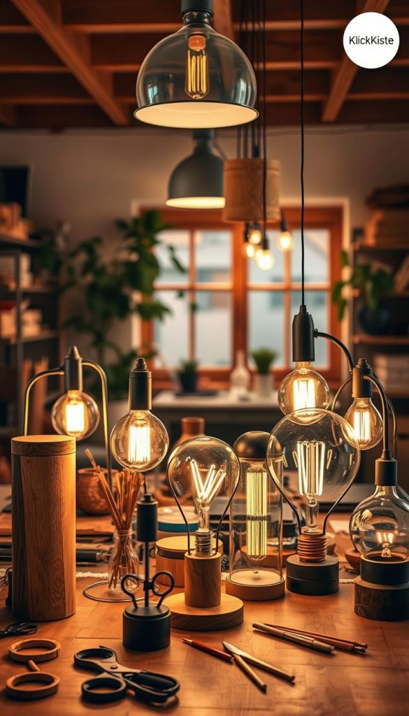 A cozy, inviting workspace showcasing a variety of DIY lamp designs inspired by modern designer aesthetics, all with natural warm colors. In the foreground, several beautifully crafted lamps made from wood, metal, and glass materials, each displaying unique artistic styles. The middle ground features tools and materials like scissors, wires, and paint, hinting at the creative process. In the background, a well-lit room with soft, ambient lighting, warm wooden beams, and a touch of greenery to enhance the homey feel. The ambiance should inspire creativity and craftsmanship, with a Pinterest-like aesthetic. Include a subtle branding element of "KlickKiste" in the setting, complementing the overall design without overpowering the image. A cozy, inviting workspace showcasing a variety of DIY lamp designs inspired by modern designer aesthetics, all with natural warm colors. In the foreground, several beautifully crafted lamps made from wood, metal, and glass materials, each displaying unique artistic styles. The middle ground features tools and materials like scissors, wires, and paint, hinting at the creative process. In the background, a well-lit room with soft, ambient lighting, warm wooden beams, and a touch of greenery to enhance the homey feel. The ambiance should inspire creativity and craftsmanship, with a Pinterest-like aesthetic. Include a subtle branding element of "KlickKiste" in the setting, complementing the overall design without overpowering the image.