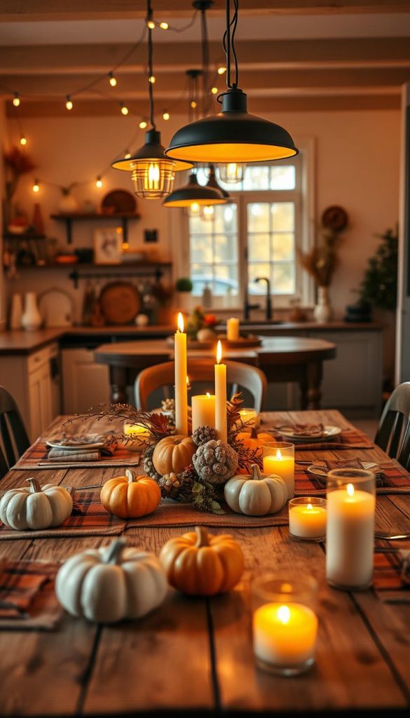 A cozy kitchen and dining area, beautifully decorated for autumn with warm, inviting lighting. In the foreground, a rustic wooden table adorned with natural DIY décor elements: colorful gourds, soft plaid table runners, and a centerpiece of flickering candles. The middle ground features a charming display of string lights and hanging pendant lamps, casting a warm glow over the scene. In the background, a window reveals a hint of golden leaves outside, enhancing the autumn atmosphere. The overall color palette consists of rich oranges, deep browns, and soft yellows, reflecting the season. The style is inspired by Pinterest aesthetics, focusing on warmth and authenticity. This setting embodies the essence of "KlickKiste," capturing an inspiring and atmospheric moment for cozy gatherings during the shorter days of autumn.