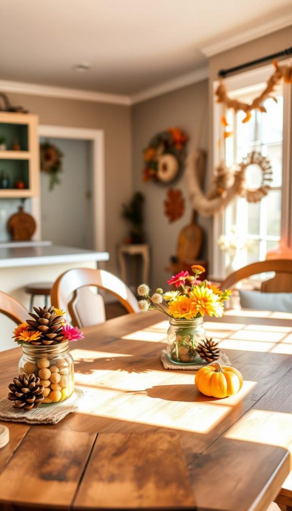 A cozy kitchen and dining room decorated with budget-friendly autumn decor, featuring warm, earthy tones like orange, yellow, and deep red. In the foreground, a rustic wooden table is set with simple DIY centerpieces made from natural materials: pinecones, small pumpkins, and hand-painted mason jars filled with seasonal flowers. In the middle, soft, natural lighting streams through a window, casting gentle shadows and enhancing the inviting atmosphere. The background includes a small display of upcycled decorations, such as a garland made from dried leaves and twine, with accents of burlap. The overall mood is warm and laid-back, embodying a sustainable and creative approach to fall decor. Include elements reminiscent of "KlickKiste" with an authentic Pinterest aesthetic.