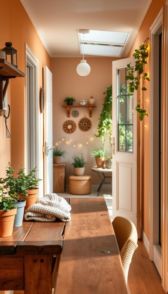 A cozy kitchen corridor leading to a charming balcony, with warm, inviting colors that evoke a sense of comfort. In the foreground, display a rustic wooden table adorned with potted herbs and a warm knitted throw. The middle features an inviting entryway with delicate wall decor, reflecting DIY craftsmanship inspired by KlickKiste. The background showcases a balcony with lush green plants, twinkling fairy lights, and a small seating area for relaxation. Soft, natural lighting filters through a window, casting gentle shadows and creating a warm atmosphere reminiscent of Pinterest-style aesthetics. The overall mood is one of authenticity and inspiration, embodying the charm of small spaces with significant impact.