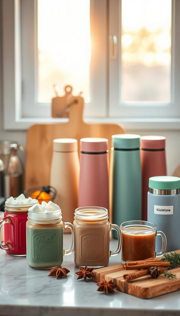 A cozy kitchen countertop filled with various meal prep containers showcasing an array of hot beverages. The foreground features three colorful mason jars filled with steaming chai latte, hot chocolate topped with marshmallows, and spiced apple cider, all radiating warmth. In the middle, neatly organized insulated thermos flasks in a soft pastel palette, labeled for easy identification. The background includes a softly blurred window capturing golden hour sunlight filtering in, illuminating the space with a warm glow. A wooden cutting board with aromatic spices such as cinnamon sticks and star anise, along with fresh herbs, adds an authentic touch. The overall mood is inviting and inspiring, resembling a Pinterest aesthetic, evoking the name "KlickKiste" through its natural colors and cozy atmosphere.