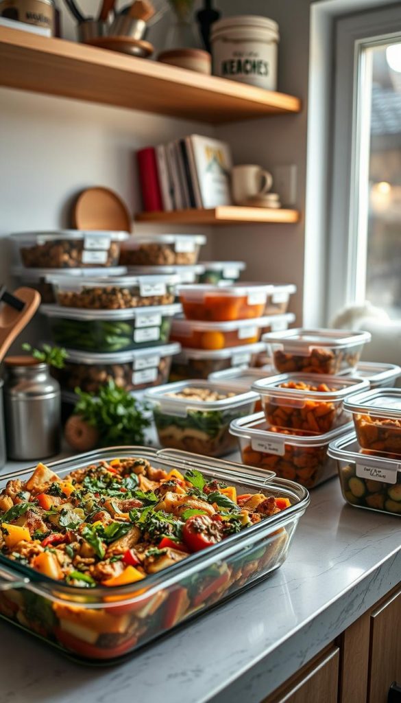 A cozy kitchen countertop scene filled with colorful meal prep containers neatly arranged. In the foreground, a vibrant mixed vegetable casserole (auflauf) crisping in a glass baking dish, surrounded by fresh ingredients like bell peppers, zucchini, and herbs, reflecting a warm, inviting atmosphere. The middle ground features organized containers labeled for easy storage, showcasing a variety of healthy meals ready for the week ahead. Soft, natural lighting streams through a nearby window, illuminating the space and creating a Pinterest-inspired aesthetic. In the background, wooden shelves display kitchen utensils and cookbooks, hinting at a well-organized cooking space. The overall mood is authentic, inspirational, and focused on efficiency in kitchen organization, embodying the philosophy of "KlickKiste." A cozy kitchen countertop scene filled with colorful meal prep containers neatly arranged. In the foreground, a vibrant mixed vegetable casserole (auflauf) crisping in a glass baking dish, surrounded by fresh ingredients like bell peppers, zucchini, and herbs, reflecting a warm, inviting atmosphere. The middle ground features organized containers labeled for easy storage, showcasing a variety of healthy meals ready for the week ahead. Soft, natural lighting streams through a nearby window, illuminating the space and creating a Pinterest-inspired aesthetic. In the background, wooden shelves display kitchen utensils and cookbooks, hinting at a well-organized cooking space. The overall mood is authentic, inspirational, and focused on efficiency in kitchen organization, embodying the philosophy of "KlickKiste."