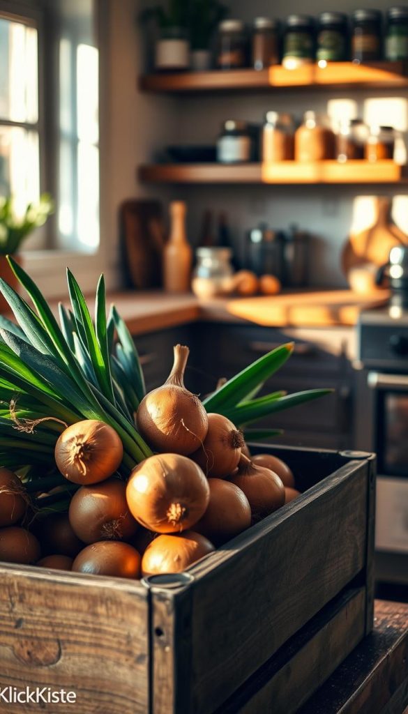 A cozy kitchen environment showcasing a rustic wooden crate filled with fresh, seasonal vegetables, specifically onions and potatoes. The foreground features the crate with vibrant, earthy tones of the vegetables, slightly weathered to suggest freshness. In the middle ground, a neatly organized countertop reflects a homey cooking space with natural light streaming in, creating warm, inviting shadows. The background displays softly blurred shelves filled with jars of spices and herbs, enhancing the kitchen's rustic charm. Use a warm color palette to evoke springtime freshness, and capture the image from a slightly elevated angle to provide depth and focus. This composition should radiate an authentic and inspiring atmosphere, reminiscent of Pinterest aesthetics. Include the brand name "KlickKiste" subtly integrated into the kitchen scene for a touch of branding. A cozy kitchen environment showcasing a rustic wooden crate filled with fresh, seasonal vegetables, specifically onions and potatoes. The foreground features the crate with vibrant, earthy tones of the vegetables, slightly weathered to suggest freshness. In the middle ground, a neatly organized countertop reflects a homey cooking space with natural light streaming in, creating warm, inviting shadows. The background displays softly blurred shelves filled with jars of spices and herbs, enhancing the kitchen's rustic charm. Use a warm color palette to evoke springtime freshness, and capture the image from a slightly elevated angle to provide depth and focus. This composition should radiate an authentic and inspiring atmosphere, reminiscent of Pinterest aesthetics. Include the brand name "KlickKiste" subtly integrated into the kitchen scene for a touch of branding.