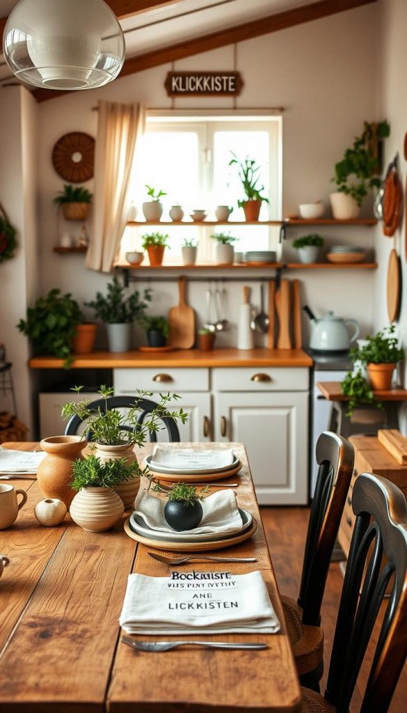 A cozy kitchen filled with natural DIY decor in warm, inviting colors, inspired by Pinterest aesthetics. In the foreground, a rustic wooden dining table adorned with handmade pottery, fresh herbs, and soft linen tableware. In the middle, a brightly lit kitchen workspace featuring open shelves with stylish dishware, potted plants, and vintage utensils. The background reveals light streaming through a window with sheer curtains, illuminating the space and creating a warm, welcoming atmosphere. The overall mood is authentic and inspiring, emphasizing the idea of comfort and warmth in home decoration. The scene should subtly incorporate the brand name "KlickKiste" through decor elements like a tasteful wall hanging or a small sign. Use soft, natural lighting and a slightly elevated angle to capture the essence of a charming and cozy kitchen.
