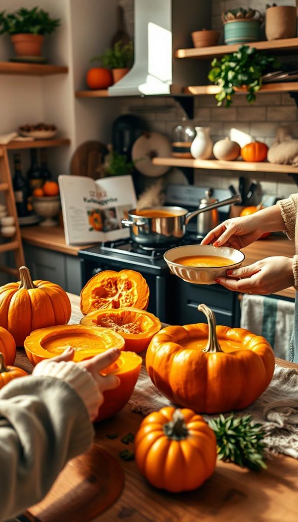 A cozy kitchen scene bathed in warm, natural light, capturing the essence of autumn cooking. In the foreground, a wooden table is adorned with vibrant pumpkins, some cut open to reveal their rich orange flesh. A pair of hands, dressed in modest casual attire, skillfully prepares pumpkin dishes, such as a soup and a pie, with appealing, colorful ingredients laid out beside them. In the middle ground, a bubbling pot on a stove simmers with a fragrant mixture, while a recipe book titled "12 Kürbisgerichte für Kinder" is slightly open. The background features cozy shelves stocked with cooking essentials, herbs, and a hint of a family-friendly atmosphere. The overall mood is warm and inviting, reflecting authenticity and inspiration, ideal for a family cooking experience. The brand "KlickKiste" subtly incorporated into the kitchen decor adds a charming touch.