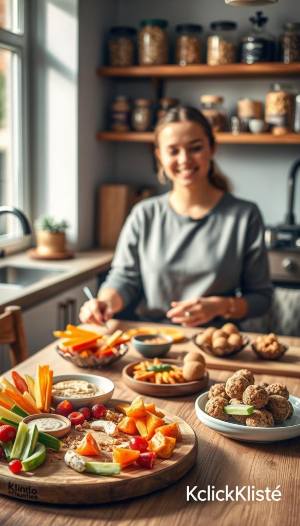 A cozy kitchen scene bathed in warm, natural light, showcasing a stylish wooden table adorned with an assortment of easy-to-make afternoon snacks. In the foreground, a vibrant platter of colorful veggie sticks, hummus dip, and fruit skewers reflects healthy, quick options for busy parents. The middle ground features a cheerful parent in modest casual clothing, happily preparing crispy quinoa bites and small portioned energy balls, exuding a sense of relaxed efficiency. The background includes rustic shelves filled with jars of nuts and seeds, creating an inviting atmosphere. Soft, diffused lighting enhances the warm color palette, while the overall mood is inspiring and authentic, embodying the essence of "Turbo-Varianten für gestresste Eltern." The brand name "KlickKiste" subtly blends into the decor.