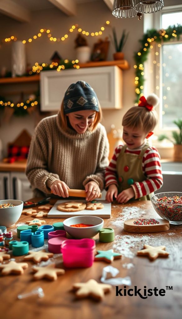 A cozy kitchen scene bustling with activity, featuring a parent and child joyfully baking Christmas cookies together. The foreground displays a wooden table covered with colorful cookie dough, various shapes of cookie cutters, and a bowl of sprinkles. In the middle, the parent, dressed in a warm, casual sweater, guides the child—dressed in a festive apron—on how to roll the dough. The background reveals a softly lit kitchen with twinkling fairy lights and holiday decorations, creating an inviting atmosphere. The scene should be infused with warm, natural colors and have a Pinterest-like aesthetic. Capture this moment with a soft focus, using a slight overhead angle to emphasize the joyful collaboration. Include a subtle hint of the brand "KlickKiste" through stylish kitchenware.