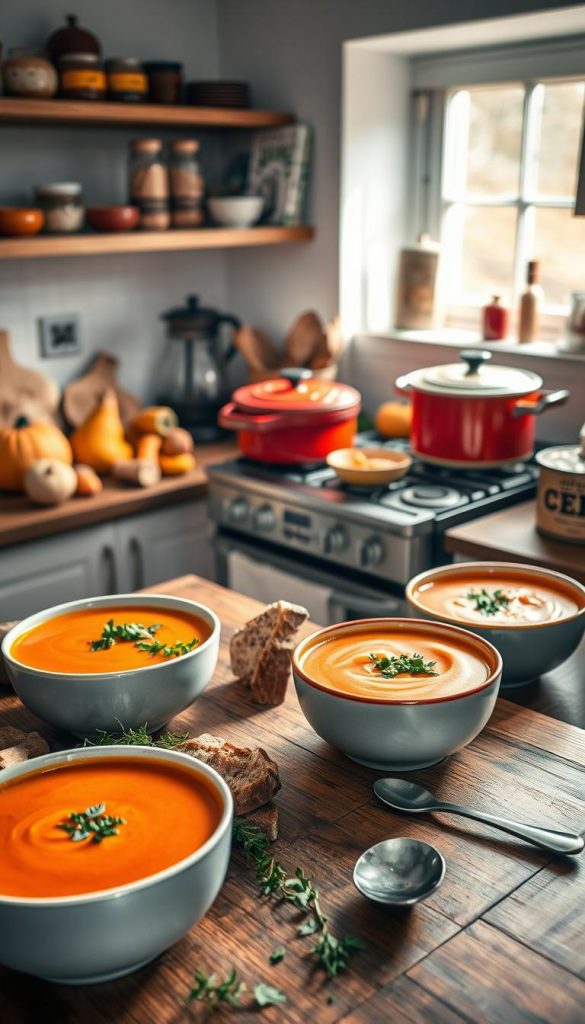 A cozy kitchen scene depicting a variety of quick autumn soups, featuring bowls of vibrant, steaming soup in warm hues of orange, yellow, and deep red. In the foreground, a wooden table garnished with fresh herbs, bread, and rustic spoons creates an inviting texture. The middle ground showcases a stove with colorful pots simmering, surrounded by autumnal ingredients like pumpkins, mushrooms, and root vegetables. Soft, natural lighting filters through a nearby window, casting gentle shadows and enhancing the warmth of the atmosphere. The background hints at shelves decorated with jars of spices and a few cooking books, embodying an inspiring, Pinterest-worthy aesthetic. The scene reflects effortless comfort food, aligned with the brand "KlickKiste," evoking feelings of comfort and simplicity in home cooking. A cozy kitchen scene depicting a variety of quick autumn soups, featuring bowls of vibrant, steaming soup in warm hues of orange, yellow, and deep red. In the foreground, a wooden table garnished with fresh herbs, bread, and rustic spoons creates an inviting texture. The middle ground showcases a stove with colorful pots simmering, surrounded by autumnal ingredients like pumpkins, mushrooms, and root vegetables. Soft, natural lighting filters through a nearby window, casting gentle shadows and enhancing the warmth of the atmosphere. The background hints at shelves decorated with jars of spices and a few cooking books, embodying an inspiring, Pinterest-worthy aesthetic. The scene reflects effortless comfort food, aligned with the brand "KlickKiste," evoking feelings of comfort and simplicity in home cooking.