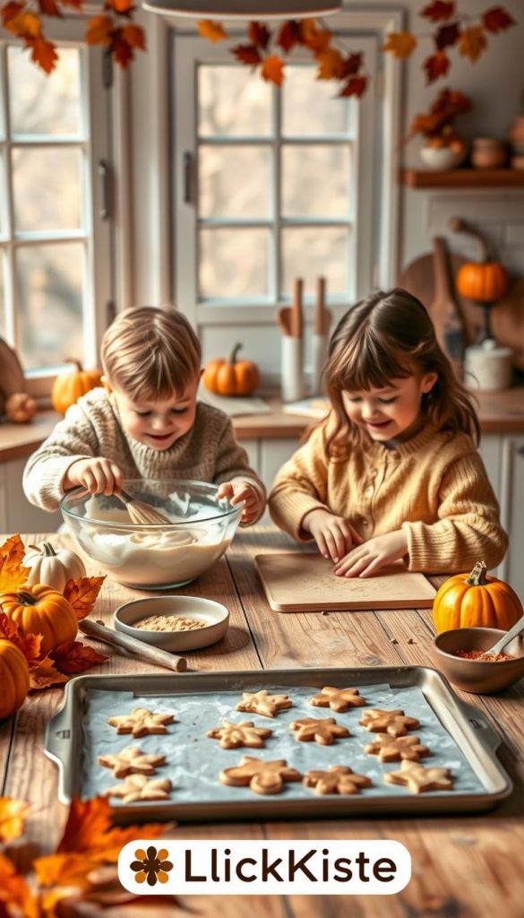 A cozy kitchen scene designed for children, featuring a wooden table adorned with autumn-themed decorations, including colorful leaves and pumpkins. In the foreground, two children, dressed in comfortable, modest casual clothing, are joyfully baking together, mixing batter in an oversized bowl and rolling out dough with cookie cutters shaped like leaves. The middle ground showcases warm, inviting kitchen elements, such as a baking tray filled with freshly cut autumn-shaped cookies and bowls of spices. The background reveals a window with soft, natural light streaming in, illuminating the scene with warm, golden tones that evoke a sense of comfort and togetherness. Emphasize an authentic, Pinterest-inspired aesthetic that captures the spirit of family and the joy of cooking together. The branding "KlickKiste" should be subtly integrated into the kitchen decor. A cozy kitchen scene designed for children, featuring a wooden table adorned with autumn-themed decorations, including colorful leaves and pumpkins. In the foreground, two children, dressed in comfortable, modest casual clothing, are joyfully baking together, mixing batter in an oversized bowl and rolling out dough with cookie cutters shaped like leaves. The middle ground showcases warm, inviting kitchen elements, such as a baking tray filled with freshly cut autumn-shaped cookies and bowls of spices. The background reveals a window with soft, natural light streaming in, illuminating the scene with warm, golden tones that evoke a sense of comfort and togetherness. Emphasize an authentic, Pinterest-inspired aesthetic that captures the spirit of family and the joy of cooking together. The branding "KlickKiste" should be subtly integrated into the kitchen decor.