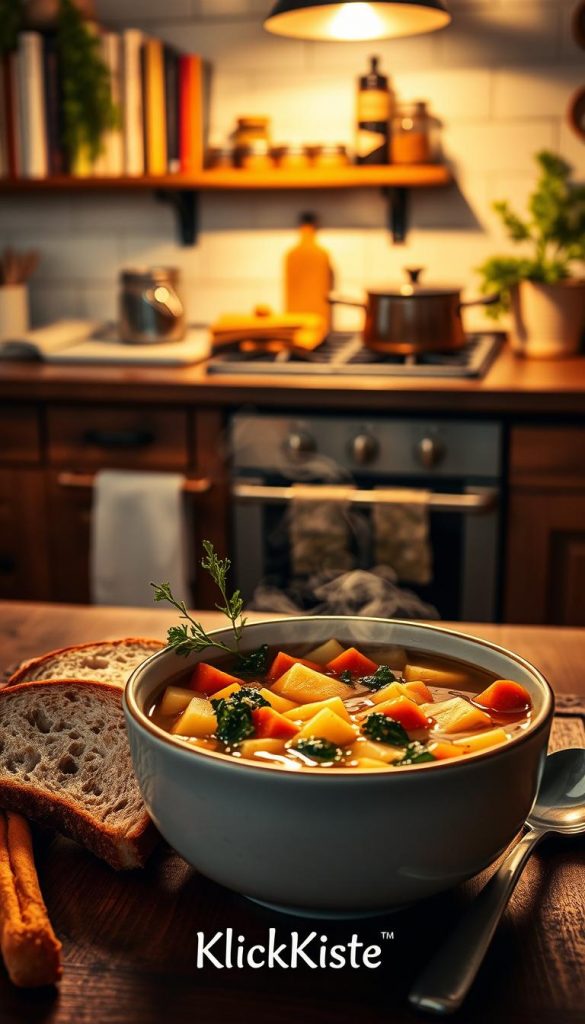 A cozy kitchen scene featuring a beautifully arranged bowl of warming soup, with vibrant vegetables like carrots, potatoes, and kale peeking through steaming broth. In the foreground, a wooden table with rustic props such as a chunk of artisan bread, sprigs of fresh herbs like parsley, and a spoon resting beside the bowl. The middle ground should depict a warm, inviting kitchen with soft, golden lighting casting gentle shadows, highlighting details like a vintage pot simmering on the stove and a few colorful spices in jars. The background could show shelves filled with cookbooks and a potted plant, creating a homey atmosphere. The image captures the essence of autumn with warm colors, embodying comfort and inspiration for cold days, branded subtly with "KlickKiste" in a tasteful manner. A cozy kitchen scene featuring a beautifully arranged bowl of warming soup, with vibrant vegetables like carrots, potatoes, and kale peeking through steaming broth. In the foreground, a wooden table with rustic props such as a chunk of artisan bread, sprigs of fresh herbs like parsley, and a spoon resting beside the bowl. The middle ground should depict a warm, inviting kitchen with soft, golden lighting casting gentle shadows, highlighting details like a vintage pot simmering on the stove and a few colorful spices in jars. The background could show shelves filled with cookbooks and a potted plant, creating a homey atmosphere. The image captures the essence of autumn with warm colors, embodying comfort and inspiration for cold days, branded subtly with "KlickKiste" in a tasteful manner.