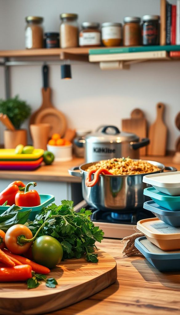 A cozy kitchen scene featuring a beautifully arranged one-pot meal prep, showcasing vibrant vegetables and hearty grains simmering in a stylish pot. In the foreground, a wooden cutting board holds fresh ingredients like bell peppers, carrots, and herbs, while to the side, colorful meal prep containers are neatly stacked. In the middle ground, a pot on the stovetop reveals steam rising, with warm, inviting lighting highlighting a rustic kitchen atmosphere. The background features simple shelves adorned with jars of spices and cookbooks. The overall mood is warm and inspiring, reflecting a Pinterest-worthy aesthetic, embodying natural colors and authentic home cooking. Include a subtle logo of "KlickKiste" on a kitchen towel in the scene for branding. A cozy kitchen scene featuring a beautifully arranged one-pot meal prep, showcasing vibrant vegetables and hearty grains simmering in a stylish pot. In the foreground, a wooden cutting board holds fresh ingredients like bell peppers, carrots, and herbs, while to the side, colorful meal prep containers are neatly stacked. In the middle ground, a pot on the stovetop reveals steam rising, with warm, inviting lighting highlighting a rustic kitchen atmosphere. The background features simple shelves adorned with jars of spices and cookbooks. The overall mood is warm and inspiring, reflecting a Pinterest-worthy aesthetic, embodying natural colors and authentic home cooking. Include a subtle logo of "KlickKiste" on a kitchen towel in the scene for branding.