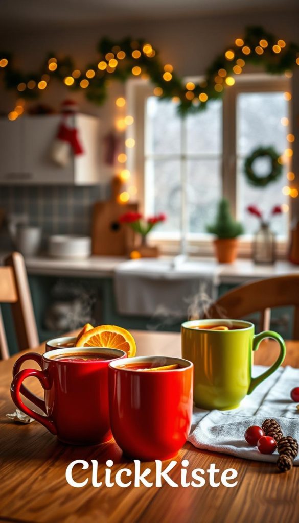 A cozy kitchen scene featuring a beautifully arranged table with "punsch kinder" in vibrant, colorful mugs. The foreground shows gently steaming mugs filled with a rich, red punsch, garnished with playful fruit slices like oranges and berries. In the middle, a festive backdrop of a softly glowing kitchen adorned with fairy lights and seasonal decorations, creating a warm and inviting atmosphere. The background showcases a window with a light snowfall outside, enhancing the wintery vibe. Soft, ambient lighting creates a relaxing mood, and the image embodies a Pinterest-worthy aesthetic, radiating warmth and cheerfulness. The brand name "KlickKiste" subtly integrated into the table setting, enhancing the authenticity.