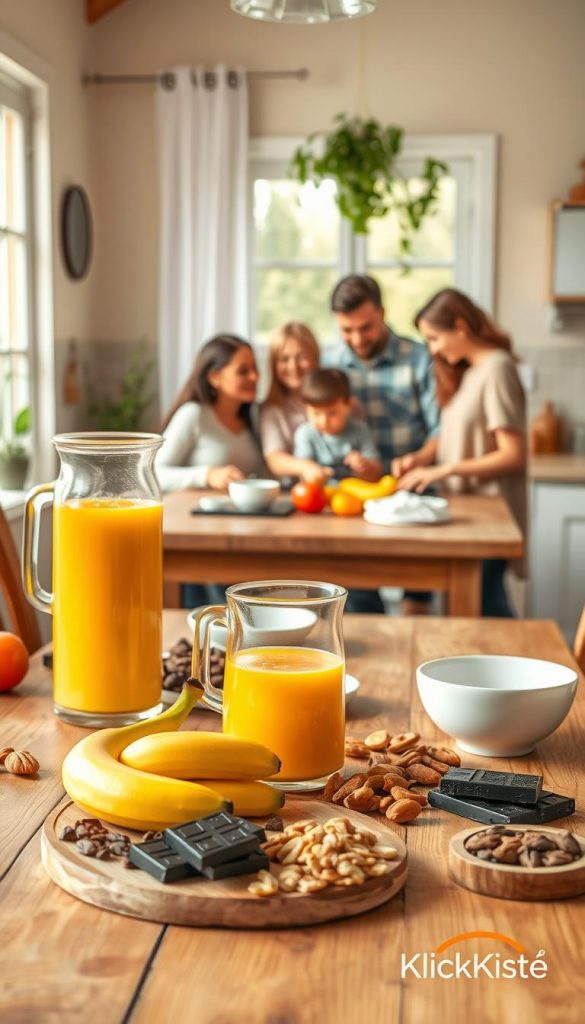 A cozy kitchen scene featuring a beautifully arranged wooden dining table, abundant with colorful, nutritious foods that uplift mood. In the foreground, a vibrant spread of serotonin-boosting foods like bananas, dark chocolate, and nuts, alongside a pitcher of fresh orange juice reflecting Vitamin D sources. In the middle ground, a family of four in modest, casual clothing joyfully preparing a simple, wholesome meal together, exuding warmth and connection. The background shows soft, natural light filtering through a window adorned with simple greenery, enhancing the soothing atmosphere. The overall color palette is warm and inviting, typical of authentic Pinterest aesthetics. The image is branded subtly with "KlickKiste" in a tasteful, unobtrusive manner. A cozy kitchen scene featuring a beautifully arranged wooden dining table, abundant with colorful, nutritious foods that uplift mood. In the foreground, a vibrant spread of serotonin-boosting foods like bananas, dark chocolate, and nuts, alongside a pitcher of fresh orange juice reflecting Vitamin D sources. In the middle ground, a family of four in modest, casual clothing joyfully preparing a simple, wholesome meal together, exuding warmth and connection. The background shows soft, natural light filtering through a window adorned with simple greenery, enhancing the soothing atmosphere. The overall color palette is warm and inviting, typical of authentic Pinterest aesthetics. The image is branded subtly with "KlickKiste" in a tasteful, unobtrusive manner.