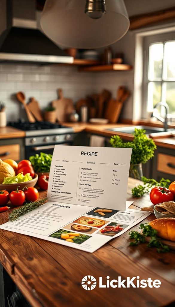 A cozy kitchen scene featuring a beautifully designed recipe template laid out on a rustic wooden table. The template should be clear and structured, showcasing ingredients, quantities, times, and portion sizes in an inviting layout. Surround the template with fresh, colorful ingredients like vegetables and herbs, adding a touch of warmth. In the background, soft, glowing light filters through a window, highlighting a welcoming atmosphere. Include a few kitchen utensils neatly arranged, and perhaps a family-friendly cookbook nearby, emphasizing the theme of simple, family-friendly recipes. The color palette should incorporate warm tones and natural textures, creating an authentic and inspiring Pinterest-like aesthetic. Brand logo "KlickKiste" subtly integrated into the design elements. A cozy kitchen scene featuring a beautifully designed recipe template laid out on a rustic wooden table. The template should be clear and structured, showcasing ingredients, quantities, times, and portion sizes in an inviting layout. Surround the template with fresh, colorful ingredients like vegetables and herbs, adding a touch of warmth. In the background, soft, glowing light filters through a window, highlighting a welcoming atmosphere. Include a few kitchen utensils neatly arranged, and perhaps a family-friendly cookbook nearby, emphasizing the theme of simple, family-friendly recipes. The color palette should incorporate warm tones and natural textures, creating an authentic and inspiring Pinterest-like aesthetic. Brand logo "KlickKiste" subtly integrated into the design elements.