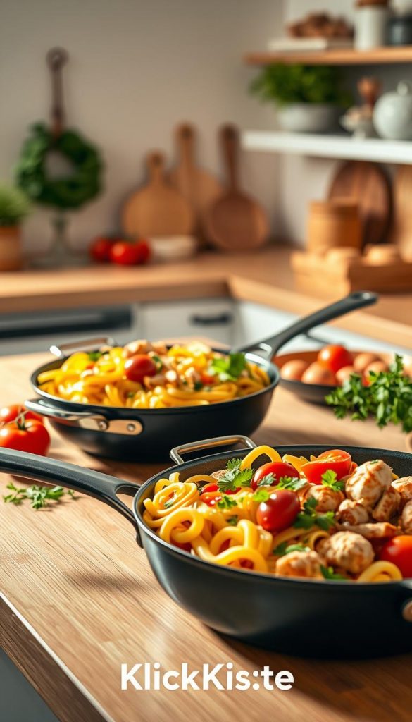 A cozy kitchen scene featuring a beautifully presented "pfanne" (pan) filled with colorful, kid-friendly meals like pasta, vegetables, and chicken, all arranged aesthetically. In the foreground, the pan sits on a wooden countertop, with a light reflecting off its non-stick surface, showcasing the vibrant colors of the food inside. The middle ground includes fresh ingredients scattered playfully, like herbs and tomatoes, enhancing the inviting atmosphere. The background reveals a softly lit kitchen with warm tones, inviting textures, and decorative elements reminiscent of Pinterest aesthetics. The overall mood is warm and inspiring, perfect for meal prep visuals. Ensure the brand name "KlickKiste" is subtly incorporated into the scene, enhancing the authenticity without cluttering the image. A cozy kitchen scene featuring a beautifully presented "pfanne" (pan) filled with colorful, kid-friendly meals like pasta, vegetables, and chicken, all arranged aesthetically. In the foreground, the pan sits on a wooden countertop, with a light reflecting off its non-stick surface, showcasing the vibrant colors of the food inside. The middle ground includes fresh ingredients scattered playfully, like herbs and tomatoes, enhancing the inviting atmosphere. The background reveals a softly lit kitchen with warm tones, inviting textures, and decorative elements reminiscent of Pinterest aesthetics. The overall mood is warm and inspiring, perfect for meal prep visuals. Ensure the brand name "KlickKiste" is subtly incorporated into the scene, enhancing the authenticity without cluttering the image.