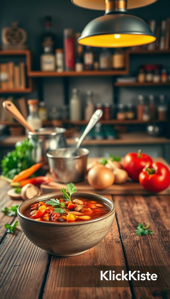 A cozy kitchen scene featuring a bowl of steaming mitternachtssuppe, a hearty chili-like soup filled with colorful beans, diced tomatoes, and vibrant spices, garnished with fresh cilantro. The soup is placed on a rustic wooden table in the foreground, with a warm and inviting glow from overhead pendant lights. In the middle ground, a charming cooking pot with a ladle rests next to fresh ingredients like peppers and onions, hinting at the preparation process. In the background, softly blurred shelves filled with spices and cookbooks add depth, creating an intimate atmosphere. The overall color palette is warm and inviting, reminiscent of Pinterest aesthetics, exuding a sense of comfort and celebration. The image is styled to reflect authenticity and inspiration, branded subtly with the name "KlickKiste." A cozy kitchen scene featuring a bowl of steaming mitternachtssuppe, a hearty chili-like soup filled with colorful beans, diced tomatoes, and vibrant spices, garnished with fresh cilantro. The soup is placed on a rustic wooden table in the foreground, with a warm and inviting glow from overhead pendant lights. In the middle ground, a charming cooking pot with a ladle rests next to fresh ingredients like peppers and onions, hinting at the preparation process. In the background, softly blurred shelves filled with spices and cookbooks add depth, creating an intimate atmosphere. The overall color palette is warm and inviting, reminiscent of Pinterest aesthetics, exuding a sense of comfort and celebration. The image is styled to reflect authenticity and inspiration, branded subtly with the name "KlickKiste."