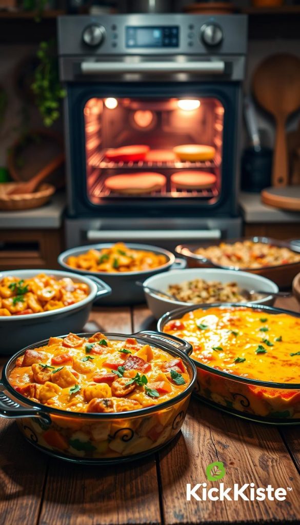 A cozy kitchen scene featuring a delicious assortment of oven dishes and casseroles on a rustic wooden table. In the foreground, a bubbling vegetable casserole topped with golden cheese, garnished with fresh herbs. Beside it, a vibrant pumpkin and quinoa bake, radiating warmth. The middle ground showcases an inviting oven, slightly ajar, with soft, warm light spilling out, highlighting an array of colorful ingredients. In the background, subtle kitchen elements like hanging herbs and warm-toned utensils add a homely charm. The overall lighting is soft and inviting, creating an atmosphere of comfort and family togetherness. The scene should embody a Pinterest-worthy aesthetic, rich with warm colors, evoking inspiration for healthy autumn meals, branded subtly with "KlickKiste". A cozy kitchen scene featuring a delicious assortment of oven dishes and casseroles on a rustic wooden table. In the foreground, a bubbling vegetable casserole topped with golden cheese, garnished with fresh herbs. Beside it, a vibrant pumpkin and quinoa bake, radiating warmth. The middle ground showcases an inviting oven, slightly ajar, with soft, warm light spilling out, highlighting an array of colorful ingredients. In the background, subtle kitchen elements like hanging herbs and warm-toned utensils add a homely charm. The overall lighting is soft and inviting, creating an atmosphere of comfort and family togetherness. The scene should embody a Pinterest-worthy aesthetic, rich with warm colors, evoking inspiration for healthy autumn meals, branded subtly with "KlickKiste".