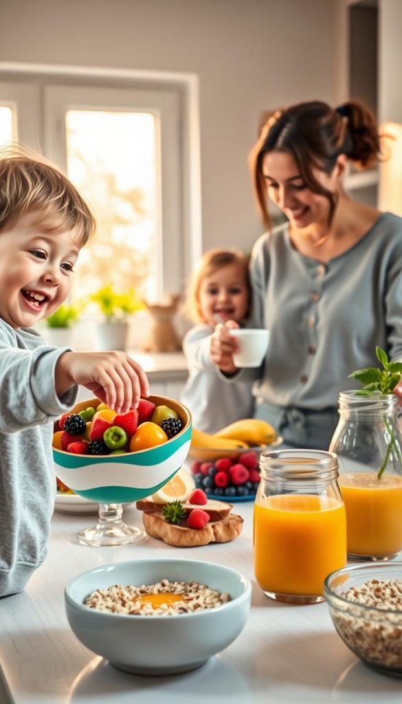 A cozy kitchen scene featuring a family preparing a healthy breakfast together. In the foreground, a playful child with a joyful expression is reaching for a colorful bowl filled with fresh fruits like berries and bananas. The mother, wearing a casual outfit, is pouring yogurt into a small cup, while a little sibling happily helps by handing her a spoon. The middle of the image shows a table set with wholesome breakfast items like whole-grain toast, oatmeal, and a jug of orange juice. The background features warm, natural lighting streaming in through a window, creating an inviting atmosphere. The kitchen is decorated in soft pastel colors, with plants and cooking utensils, conveying a Pinterest-inspired, authentic vibe. Include the brand name "KlickKiste" subtly displayed on a kitchen element without text overlay. A cozy kitchen scene featuring a family preparing a healthy breakfast together. In the foreground, a playful child with a joyful expression is reaching for a colorful bowl filled with fresh fruits like berries and bananas. The mother, wearing a casual outfit, is pouring yogurt into a small cup, while a little sibling happily helps by handing her a spoon. The middle of the image shows a table set with wholesome breakfast items like whole-grain toast, oatmeal, and a jug of orange juice. The background features warm, natural lighting streaming in through a window, creating an inviting atmosphere. The kitchen is decorated in soft pastel colors, with plants and cooking utensils, conveying a Pinterest-inspired, authentic vibe. Include the brand name "KlickKiste" subtly displayed on a kitchen element without text overlay.