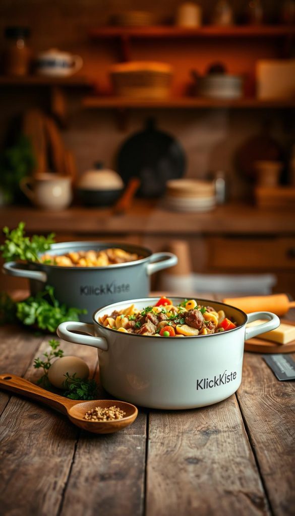 A cozy kitchen scene featuring a hearty one-pot nudeltopf with ground beef, kohlrabi, peas, and carrots. In the foreground, a rustic wooden table holds a vibrant, bubbling pot filled with the delicious pasta dish, garnished with fresh herbs. In the middle, a wooden spoon rests beside the pot, with ingredients like sliced kohlrabi and carrots artfully arranged. The background displays warm, ambient lighting that bathes the scene in a golden glow, highlighting the textures of the food and kitchen elements. The setting should evoke a sense of comfort and inspiration, reminiscent of family cooking. The image should reflect a natural, Pinterest-worthy aesthetic, branded subtly with "KlickKiste" on the pot. A cozy kitchen scene featuring a hearty one-pot nudeltopf with ground beef, kohlrabi, peas, and carrots. In the foreground, a rustic wooden table holds a vibrant, bubbling pot filled with the delicious pasta dish, garnished with fresh herbs. In the middle, a wooden spoon rests beside the pot, with ingredients like sliced kohlrabi and carrots artfully arranged. The background displays warm, ambient lighting that bathes the scene in a golden glow, highlighting the textures of the food and kitchen elements. The setting should evoke a sense of comfort and inspiration, reminiscent of family cooking. The image should reflect a natural, Pinterest-worthy aesthetic, branded subtly with "KlickKiste" on the pot.