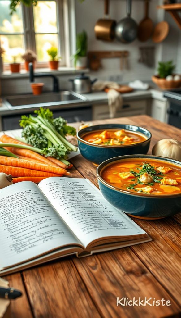 A cozy kitchen scene featuring a large, steaming bowl of traditional soup, beautifully garnished with fresh herbs, croutons, and a drizzle of olive oil. In the foreground, the bowl sits on a rustic wooden table surrounded by vibrant, colorful vegetables like carrots, celery, and onions, reflecting the ideal ingredients for a comforting soup. In the middle, a slightly worn recipe book is open, displaying handwritten notes and measurements, suggesting a personal touch. The background includes soft, warm lighting that enhances the inviting atmosphere, with a hint of vintage kitchen decor, such as pots hanging and a window allowing gentle sunlight to filter in, creating a warm, Pinterest-worthy ambiance. The overall mood is authentic, inspiring, and perfect for encouraging readers to cook with warmth and love. Photographed from a slightly elevated angle to capture the entire arrangement. Branding includes subtle mention of “KlickKiste” in the corner of the image. A cozy kitchen scene featuring a large, steaming bowl of traditional soup, beautifully garnished with fresh herbs, croutons, and a drizzle of olive oil. In the foreground, the bowl sits on a rustic wooden table surrounded by vibrant, colorful vegetables like carrots, celery, and onions, reflecting the ideal ingredients for a comforting soup. In the middle, a slightly worn recipe book is open, displaying handwritten notes and measurements, suggesting a personal touch. The background includes soft, warm lighting that enhances the inviting atmosphere, with a hint of vintage kitchen decor, such as pots hanging and a window allowing gentle sunlight to filter in, creating a warm, Pinterest-worthy ambiance. The overall mood is authentic, inspiring, and perfect for encouraging readers to cook with warmth and love. Photographed from a slightly elevated angle to capture the entire arrangement. Branding includes subtle mention of “KlickKiste” in the corner of the image.